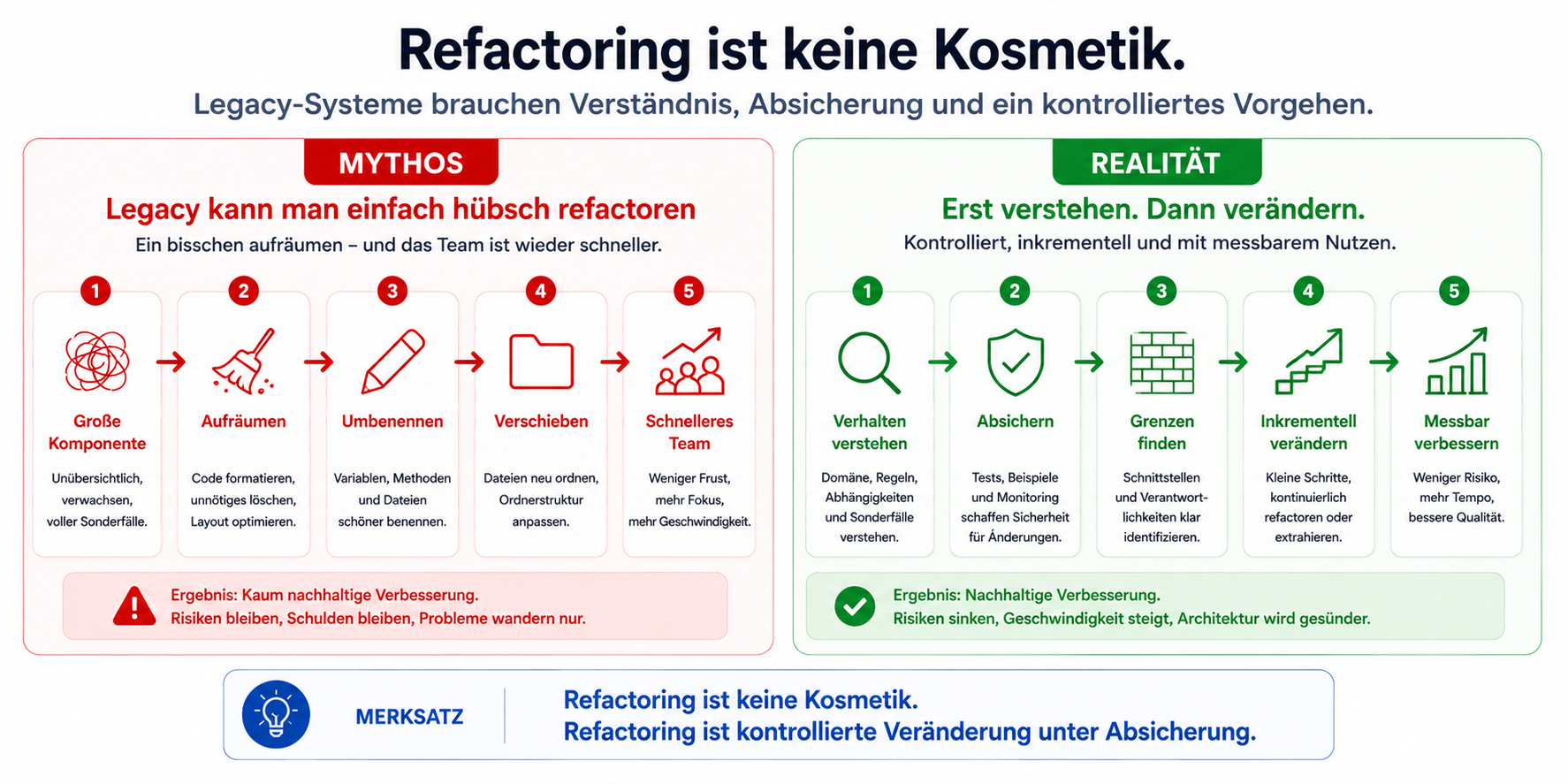 Refactoring ist keine Kosmetik. Refactoring ist kontrollierte Veränderung unter Absicherung.