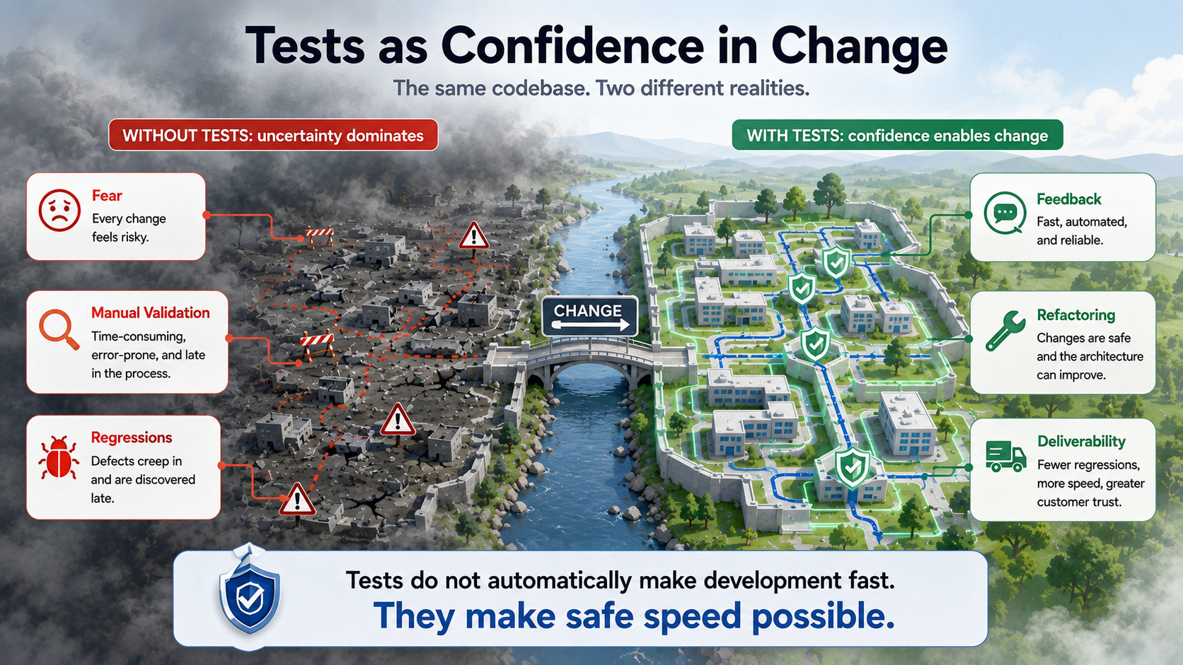 Tests don't automatically make development fast. They make safe speed possible.